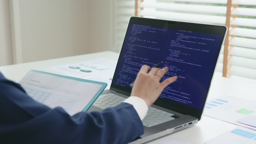 Smart AI cyber bot deep tech tools help write BI prompt code screen. Asia people asian IT woman typing busy work on predict big data mining center office reskill upskill STEM expert skill job course.