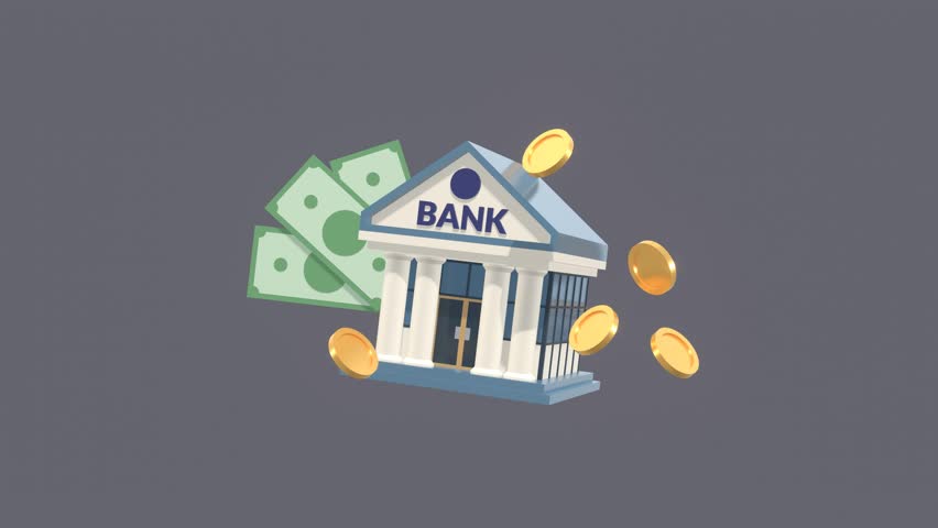 Bank Icon Animation With Gold Coin And Money. Finance, Business And Economy Concepts. Animated 3D Banking Concept. Financial Services.