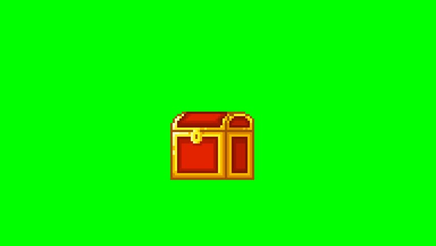 Set of closed and open chest, pixel art animation 