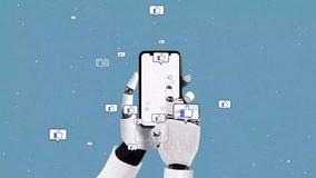 Funny animation of robotic hands holding smart phone with social media reactions. Top view halftone pattern of AI artificial intelligence playing social media and icon popping from phone. Budgetary. - Powered by Shutterstock - Get 15% off with code: PIKWIZARD15
