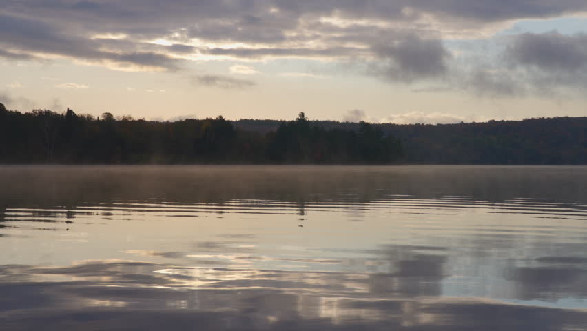 Tranquil lake with shimmering reflections and gentle waves at sunrise