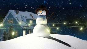 Flashing yellow christmas string lights snowman and snow covered house at night. Christmas, tradition, decorations and celebration digitally generated video. - Powered by Shutterstock - Get 15% off with code: PIKWIZARD15