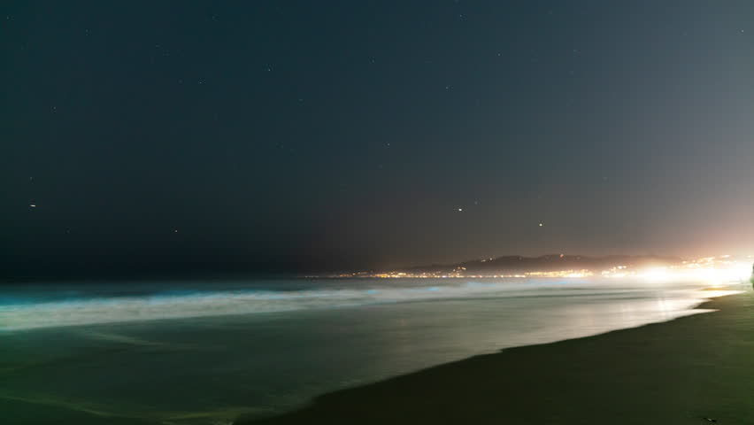 Timelapse of Bioluminescent Waves with Milky Way and Comet in the night sky in Venice Beach, California