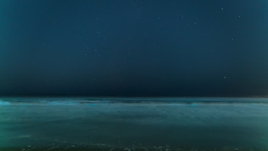 Timelapse of Bioluminescent Waves with Milky Way and Comet in the night sky in Venice Beach, California