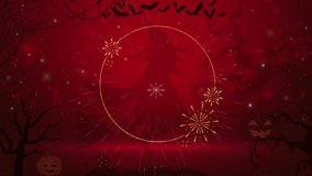 A festive Halloween-Christmas fusion design featuring "Merry Christmas" text, with bats, spider webs, and pumpkins set against a sparkling red background. - Powered by Shutterstock - Get 15% off with code: PIKWIZARD15