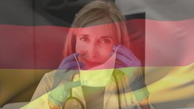 Animation of german flag and over caucasian female doctor putting on face mask. Germany, hygiene, virus, medicine, healthcare and patriotism, digitally generated video. - Powered by Shutterstock - Get 15% off with code: PIKWIZARD15