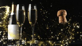 Animation of shooting stars, golden confetti and corks falling over champagne bottle and glasses. Party and celebration concept - Powered by Shutterstock - Get 15% off with code: PIKWIZARD15