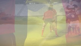 Animation of waving belgium over team of diverse male rugby players playing rugby at sporst field. Sports, fitness and patriotism concept - Powered by Shutterstock - Get 15% off with code: PIKWIZARD15