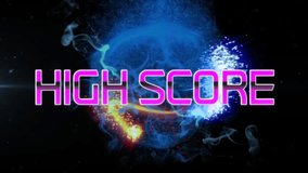Animation of high score text banner over shooting star, globe and digital wave on black background. Video game and entertainment technology concept - Powered by Shutterstock - Get 15% off with code: PIKWIZARD15