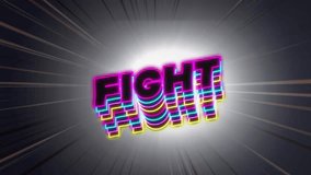 Animation of neon fight text banner over light trails, shooting stars, light spot on grey background. Video game and entertainment technology concept - Powered by Shutterstock - Get 15% off with code: PIKWIZARD15