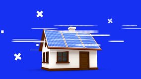 Animation of data processing over house with photovoltaic panels on roof on blue background. Solar power, energy, home, savings, renewable resources, data and ecology, digitally generated video. - Powered by Shutterstock - Get 15% off with code: PIKWIZARD15