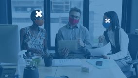 Animation of data processing over diverse business people in facer masks at meeting. Data, business, hygiene, healthcare, digital interface and communication, digitally generated video. - Powered by Shutterstock - Get 15% off with code: PIKWIZARD15