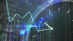 Animation of line graph with numbers and clock and map over modern building. Digital composite, multiple exposure, time, urgency, business, report, progress, architecture, city concept. - Powered by Shutterstock - Get 15% off with code: PIKWIZARD15