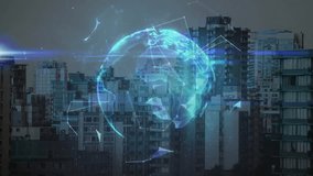 Animation of illuminated connected dots forming blue globe over modern cityscape. Digital composite, multiple exposure, globalization, telecommuting, networking, building and architecture concept. - Powered by Shutterstock - Get 15% off with code: PIKWIZARD15
