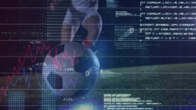Animation of graphs and computer language over low section of caucasian player kicking soccer ball. Digital composite, business, report, progress, coding, sport, soccer, ground and competition. - Powered by Shutterstock - Get 15% off with code: PIKWIZARD15
