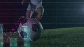 Animation of multiple graphs and numbers over low section of caucasian player kicking soccer ball. Digital composite, business, report, chart, progress, sport, soccer, ground and competition. - Powered by Shutterstock - Get 15% off with code: PIKWIZARD15