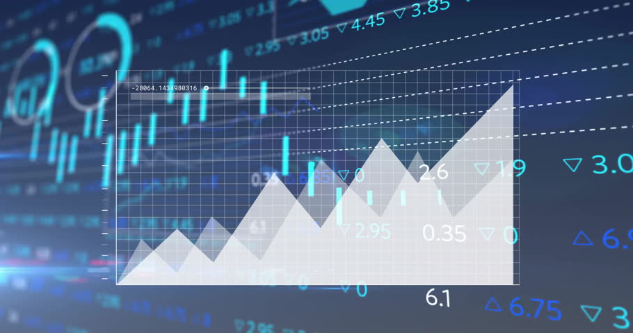 Animation of multiple graphs and trading board moving on black background. Digitally generated, business, report, chart, investment, stock market data, finance and technology concept.