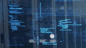 Animation of connected icons and computer language over data server room. Digital composite, communication, coding, programming language, data center, networking and technology concept. - Powered by Shutterstock - Get 15% off with code: PIKWIZARD15