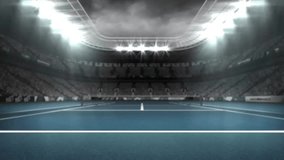 Animation of snowfall over tennis court and lights on roof of stadium against cloudy sky. Digital composite, multiple exposure, winter, holiday, abstract, sports and competition concept. - Powered by Shutterstock - Get 15% off with code: PIKWIZARD15