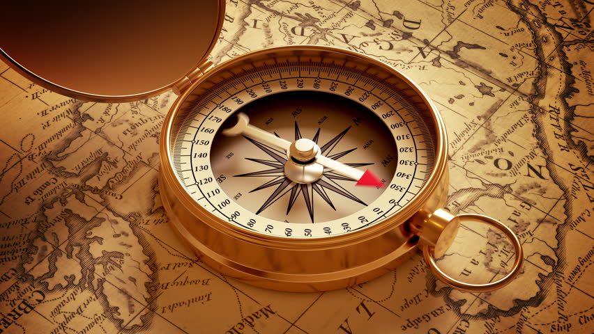 Golden compass on an old map indicating direction. 3D animation. 4K.
