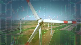Wind turbines on the background of stock charts, aerial view. Green energy power production. Business financial concept, 4k - Powered by Shutterstock - Get 15% off with code: PIKWIZARD15