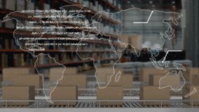 Animation of computer language, map, cardboard boxes on conveyor belts against warehouse. Digital composite, multiple exposure, global, coding, distribution and technology concept. - Powered by Shutterstock - Get 15% off with code: PIKWIZARD15