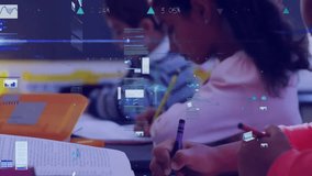 Animation of multiple graphs and trading board over diverse students writing in notebook. Digital composite, multiple exposure, report, business, stock market, childhood and education concept. - Powered by Shutterstock - Get 15% off with code: PIKWIZARD15