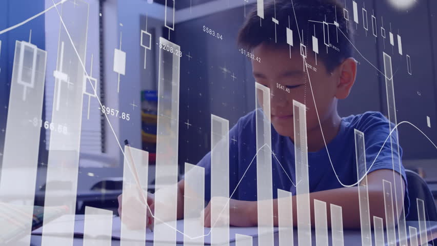 Animation of multiple graphs with changing numbers over asian boy writing in notebook. Digital composite, multiple exposure, report, business, growth, education and childhood concept. - Powered by Shutterstock - Get 15% off with code: PIKWIZARD15