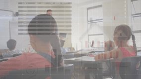 Animation of infographic interface, diverse male teacher teaching students in classroom at school. Digital composite, multiple exposure, report, business, global, childhood and education concept. - Powered by Shutterstock - Get 15% off with code: PIKWIZARD15