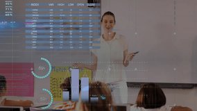 Animation of multicolored infographic interface, diverse female teacher asking question to students. Digital composite, multiple exposure, report, business, global, childhood and education concept. - Powered by Shutterstock - Get 15% off with code: PIKWIZARD15