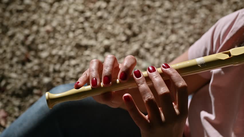 Close-up of woman playing yellow recorder in sunlight