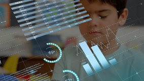 Animation of multicolored infographic interface over close up of focused caucasian boy in classroom. Digital composite, multiple exposure, report, business, global, childhood and education concept. - Powered by Shutterstock - Get 15% off with code: PIKWIZARD15