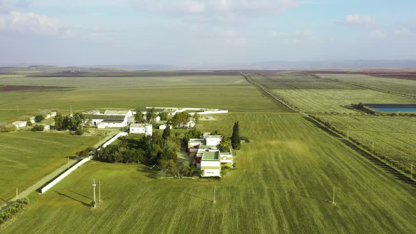 Aerial View of Expansive 145-Hectare Farm Landscape with Crops and Pastures 4K
