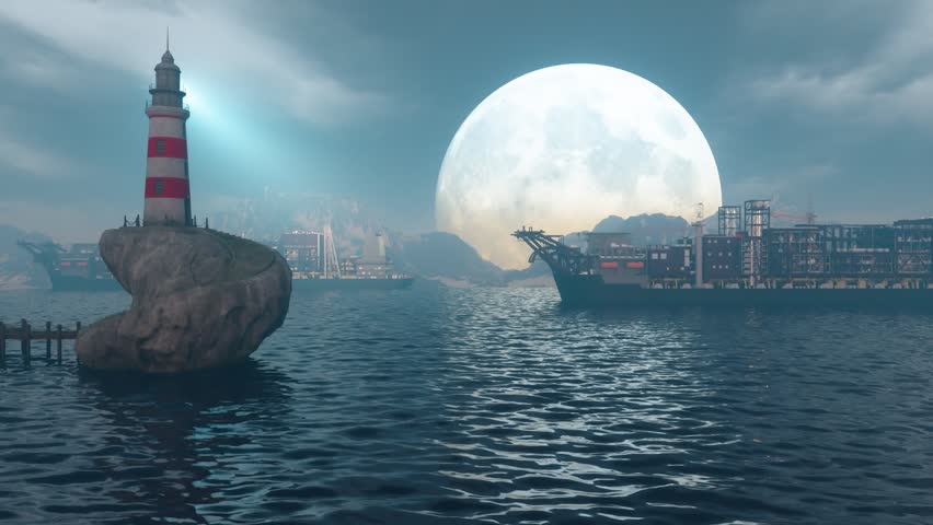 container ship with moon and lighthouse in the background, 3d animation