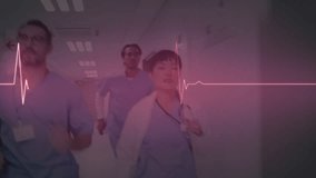 Animation of heart rate monitor against team of diverse doctors running in hospital corridor. Medical healthcare and research science technology concept - Powered by Shutterstock - Get 15% off with code: PIKWIZARD15