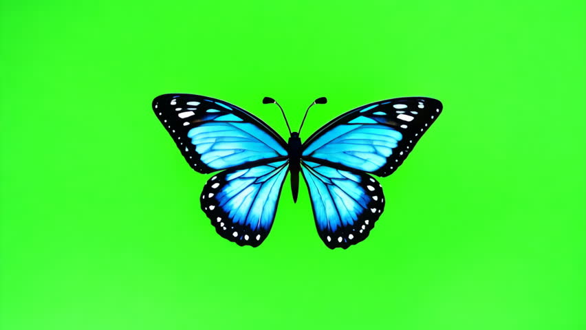 One stunning common northern blue butterfly rests green screen background. Cute alone beautiful insect lady close up sit still chroma key backdrop wave wings. Isolated chromakey closeup overlay.