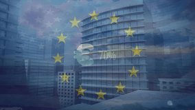 Animation of euro symbol and climbing percentage with eu stars and flag of america over cityscape. European, currency, finance, global, politics, business and patriotism, digitally generated video. - Powered by Shutterstock - Get 15% off with code: PIKWIZARD15