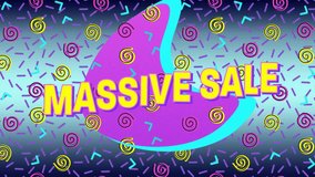 Animation of massive sale text banner over abstract shapes in seamless pattern on blue background. Sale discount and retail business concept - Powered by Shutterstock - Get 15% off with code: PIKWIZARD15