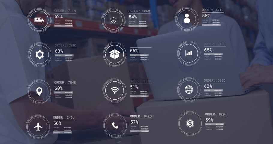 Animation of data processing against two caucasian male supervisor keeping a box at warehouse. Future concept of supply chain and logistic network business