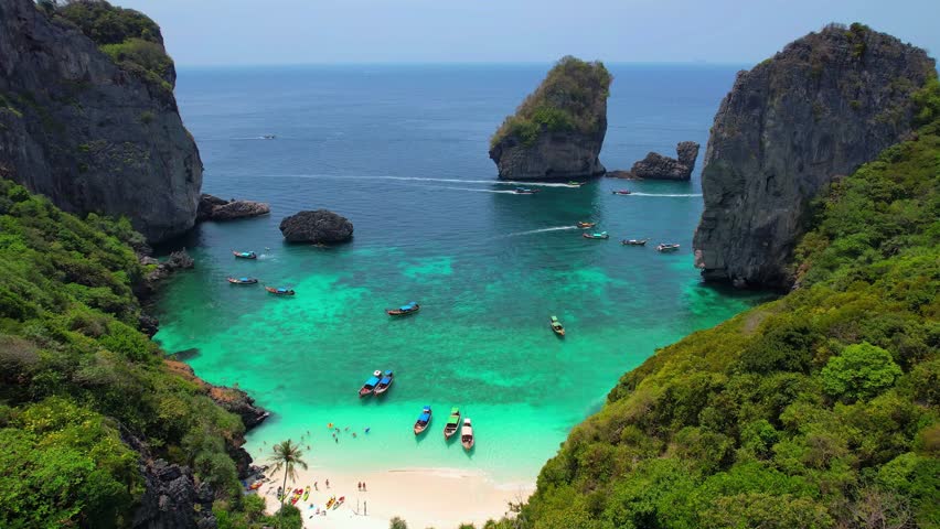 Aerial drone Landscape Turquoise lagoon Nui beach koh Phi Phi Don island, Krabi, Thailand.