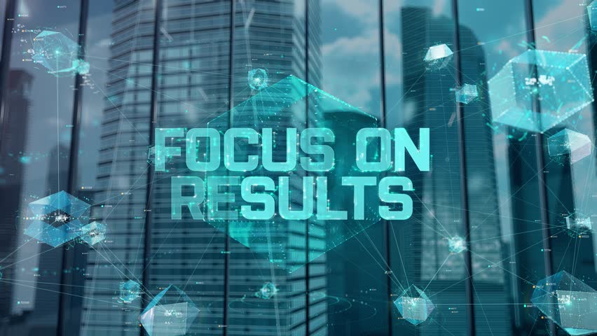 Focus on results. Businessman Working in Office among Skyscrapers. Hologram Concept