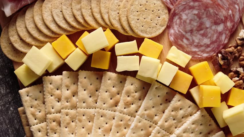 Top view of a cheese platter, charcuterie board, rotating view