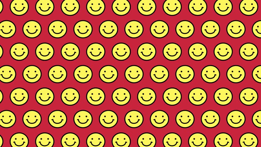 Seamless pattern of yellow smiley faces on a red background. Ideal for cheerful, playful, and pop-art-themed designs.