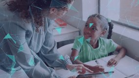 Animation of networks over diverse female teacher and schoolgirl using tablet in classroom. Communication, technology, school, education, childhood and learning, digitally generated video. - Powered by Shutterstock - Get 15% off with code: PIKWIZARD15