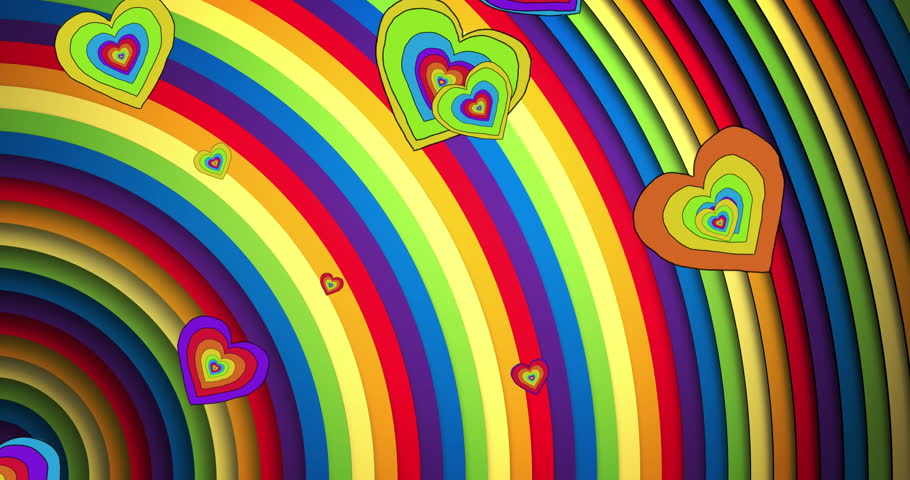 Animation of pride lgbtq hearts and rainbow shapes background. Pride month, lgbtq, human rights and equality concept digitally generated video.