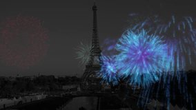 Animation of fireworks and eiffel tower background. Fete nationale francaise, french independence and national colours concept digitally generated video. - Powered by Shutterstock - Get 15% off with code: PIKWIZARD15
