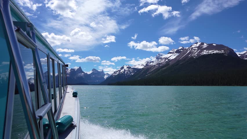 Maligne Lake Cruise to the famous Spirit Island. Jasper National Park summer scenery, snow-capped mountains and turquoise lakes. Alberta, Canada. Canadian Rockies.