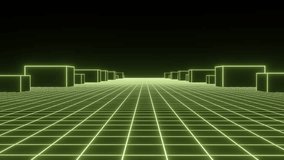 Technology wireframe landscape. Perspective grid with sticking cubes. Digital space with geometric shapes. Green mesh on a black background. 3d rendering. - Powered by Shutterstock - Get 15% off with code: PIKWIZARD15