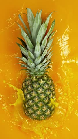 Super Slow Motion of Falling Pineapple into Juice . Filmed on High Speed Cinema Camera , 1000fps , Vertical orientation