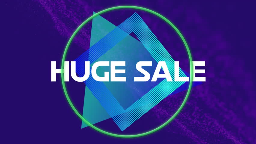Animation of huge sale text over neon circle and pattern on purple background. Global connections, retail, digital interface and communication concept digitally generated video.